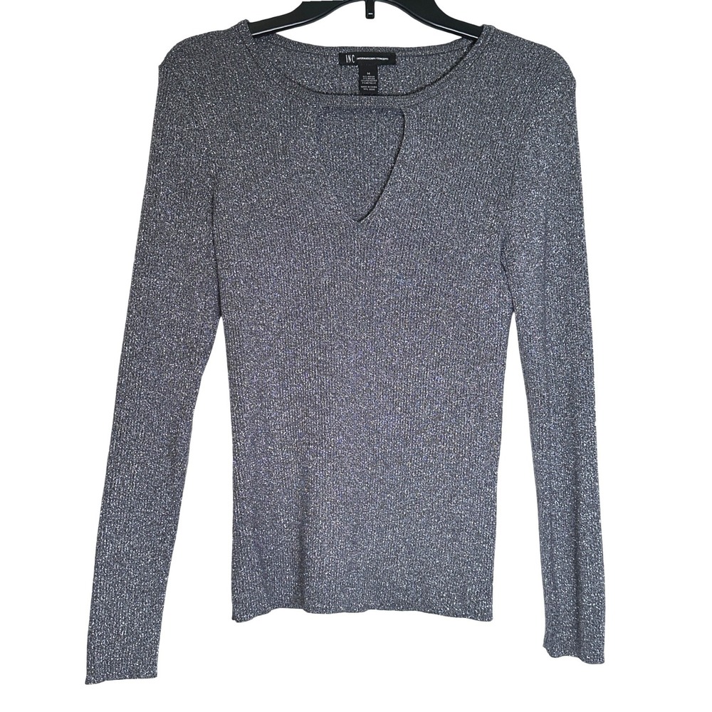 INC Womens Gray Metallic Knit Keyhole Sweater M‎ Whimsygoth Y2K Party Trendy